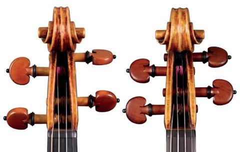 卡洛?白貢齊1735 'Baron Knoop' 小提琴 'Baron Knoop' 和 'Kreisler' Bergonzis 的蝸殼前視圖。后者展示了一種更典型風格：中央部分相當寬，第二圈極窄，眼睛以完美的圓柱形狀強烈突出