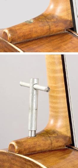圖7來自Stradivari作坊的Bass viola da gamba，約1735年，Jos.Wagner于1831年改裝成帶可調節琴頸的大提琴。請注意琴頸嵌入肋骨而非頂部