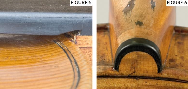 　　圖5 1793年Mantegazza中提琴的原始琴頸，鑲邊僅位于指板下方。圖6 1693年'Harrison'Stradivari現代化琴頸上的釘孔。